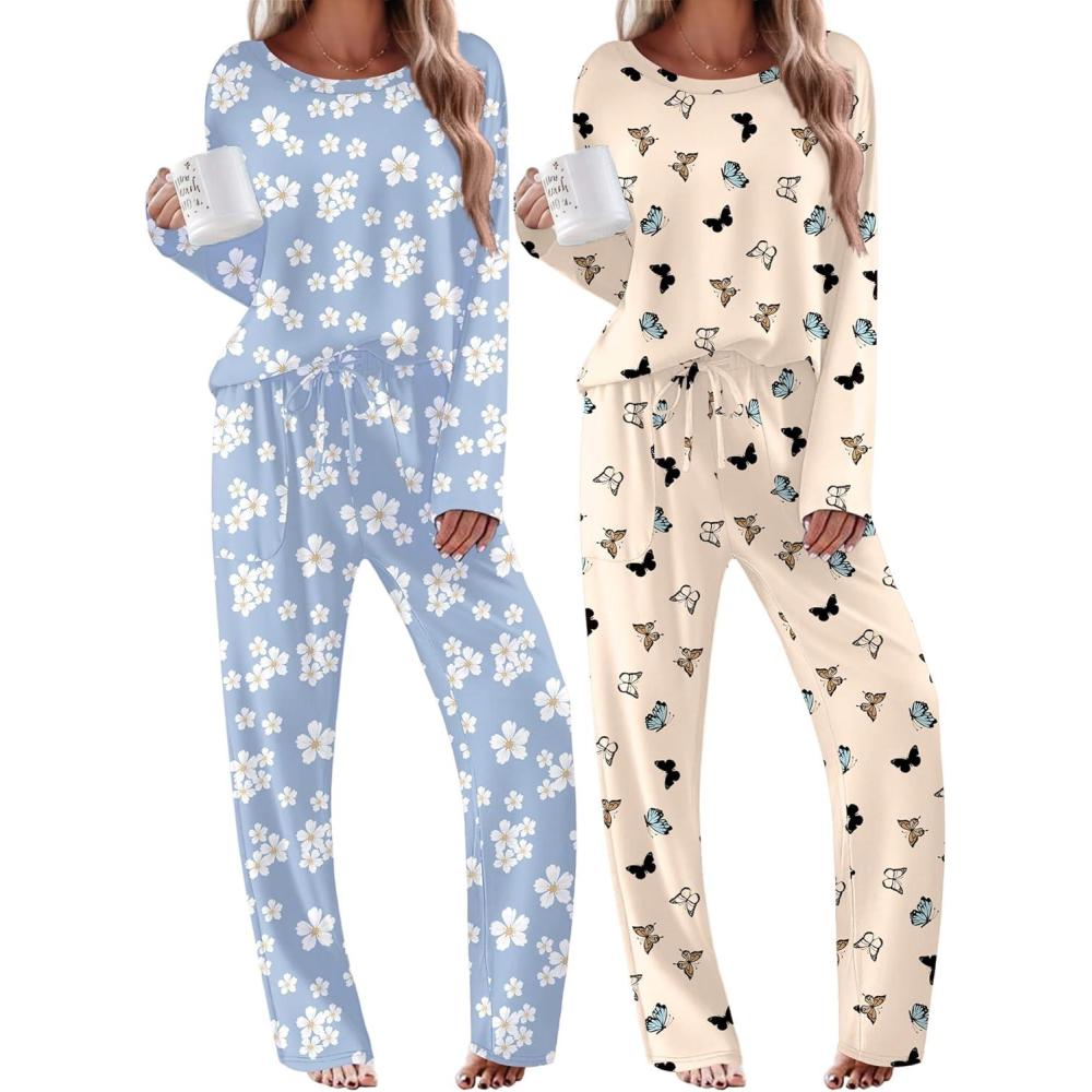 imageEkouaer 2 Pack Womens Pajama Sets Long Sleeve Sleepwear Long Pants Loungewear Soft Pjs Set with Pockets SXXLLight Blue DaisyApricot Butterfly