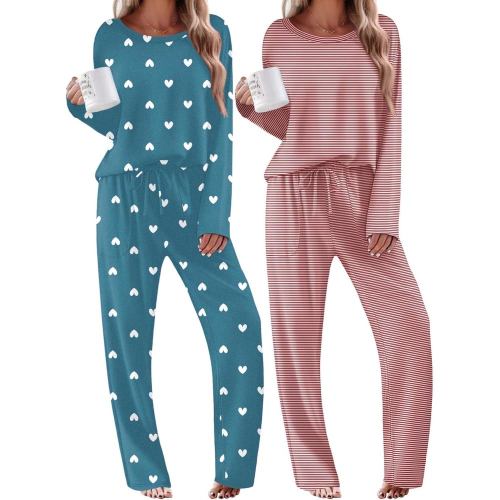 imageEkouaer 2 Pack Womens Pajama Sets Long Sleeve Sleepwear Long Pants Loungewear Soft Pjs Set with Pockets SXXLRed StripedBlue Green Heart