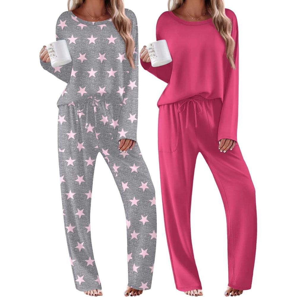 imageEkouaer 2 Pack Womens Pajama Sets Long Sleeve Sleepwear Long Pants Loungewear Soft Pjs Set with Pockets SXXLRoseLight Grey Stars