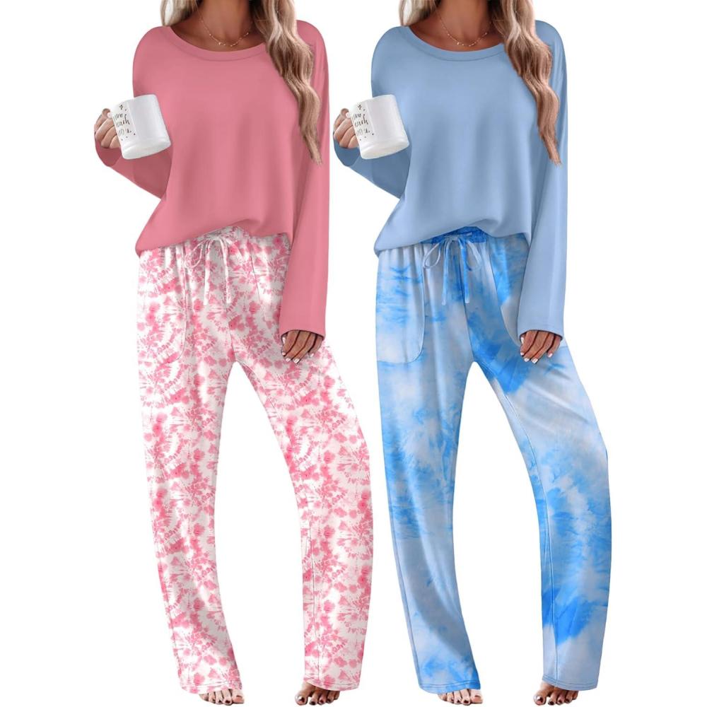 imageEkouaer 2 Pack Womens Pajama Sets Long Sleeve Sleepwear Long Pants Loungewear Soft Pjs Set with Pockets SXXLTiedye BlueTiedye Pink