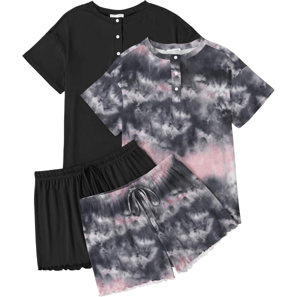 imageEkouaer 2 Pack Womens Pajama Sets Short Sleeve Sleepwear Top with Shorts Pjs Soft Comfy Loungewear SXXLAtie Dye Black PinkBlack