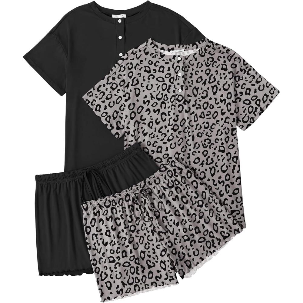 imageEkouaer 2 Pack Womens Pajama Sets Short Sleeve Sleepwear Top with Shorts Pjs Soft Comfy Loungewear SXXLGray LeopardBlack