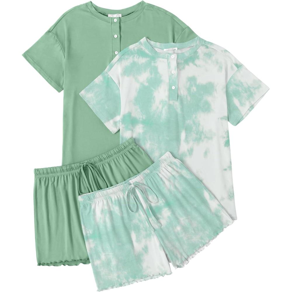 imageEkouaer 2 Pack Womens Pajama Sets Short Sleeve Sleepwear Top with Shorts Pjs Soft Comfy Loungewear SXXLTie Dye Light GreenGreen