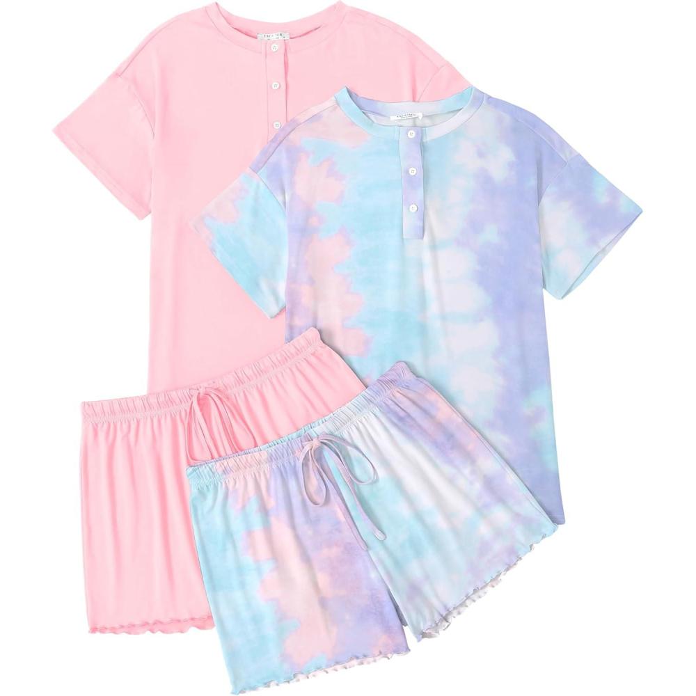 imageEkouaer 2 Pack Womens Pajama Sets Short Sleeve Sleepwear Top with Shorts Pjs Soft Comfy Loungewear SXXLTie Dye Pink BluePink