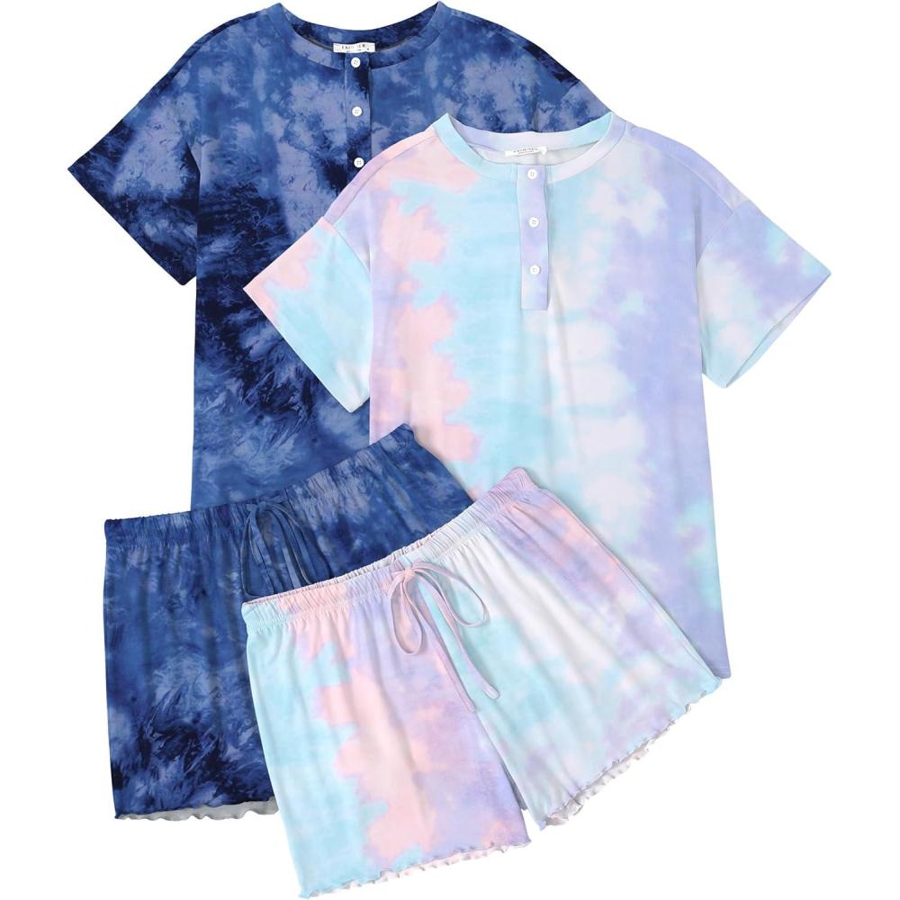 imageEkouaer 2 Pack Womens Pajama Sets Short Sleeve Sleepwear Top with Shorts Pjs Soft Comfy Loungewear SXXLTie Dye Pink BlueTie Dye Blue