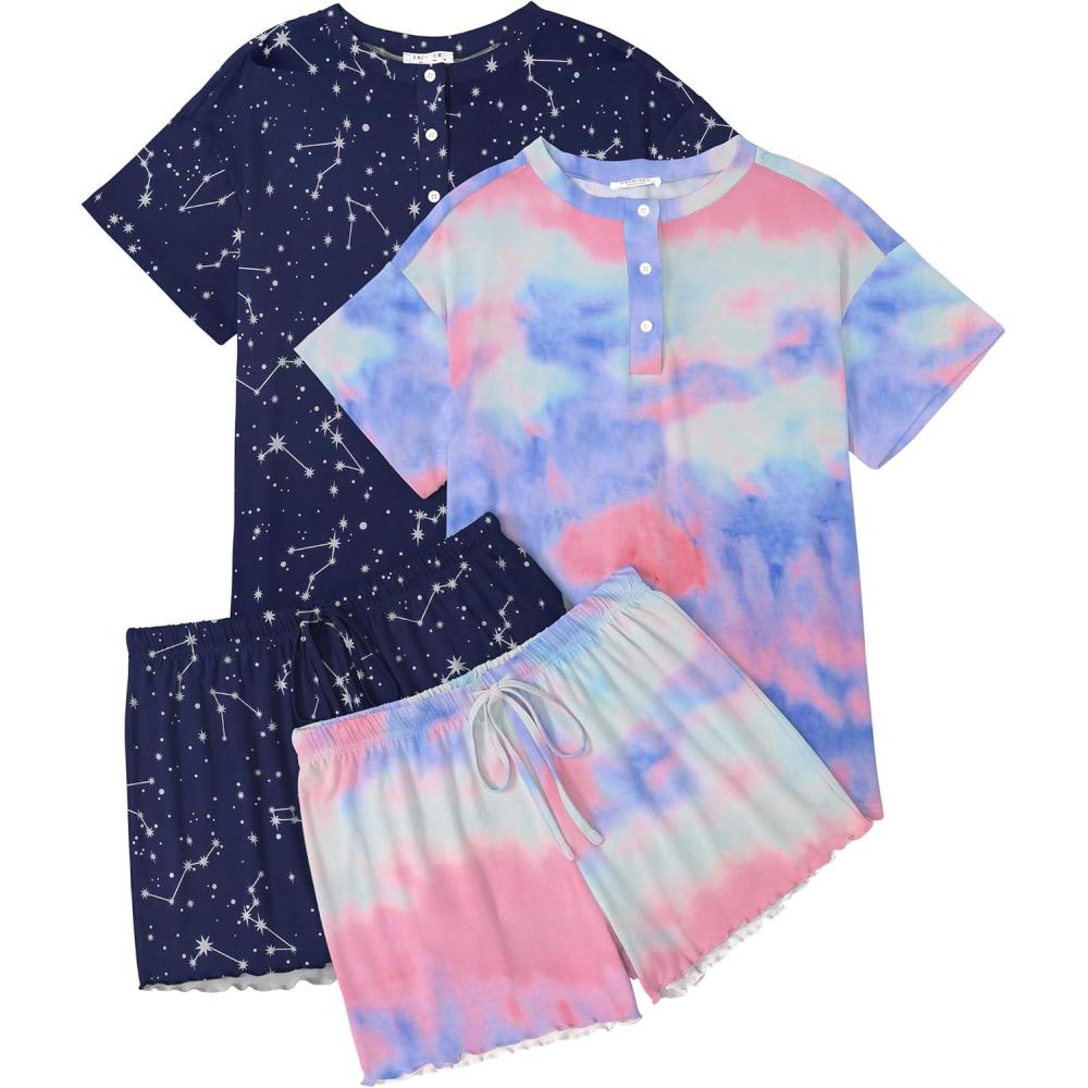 imageEkouaer 2 Pack Womens Pajama Sets Short Sleeve Sleepwear Top with Shorts Pjs Soft Comfy Loungewear SXXLTie Dye RainbowBlue Sky