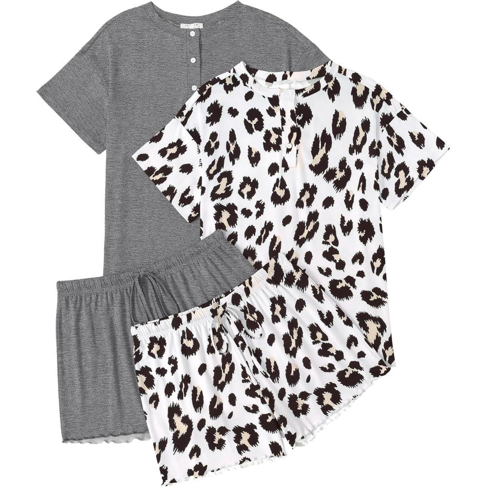 imageEkouaer 2 Pack Womens Pajama Sets Short Sleeve Sleepwear Top with Shorts Pjs Soft Comfy Loungewear SXXLWhite LeopardGray