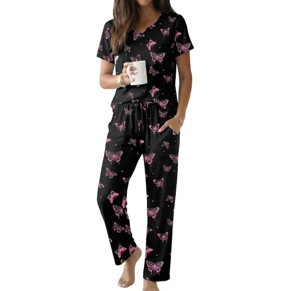 imageEkouaer 2 Piece Womens Pajamas V Neck Short Sleeve Top and Long Pants Pjs Print Lounge Set SleepwearBlack Butterfly