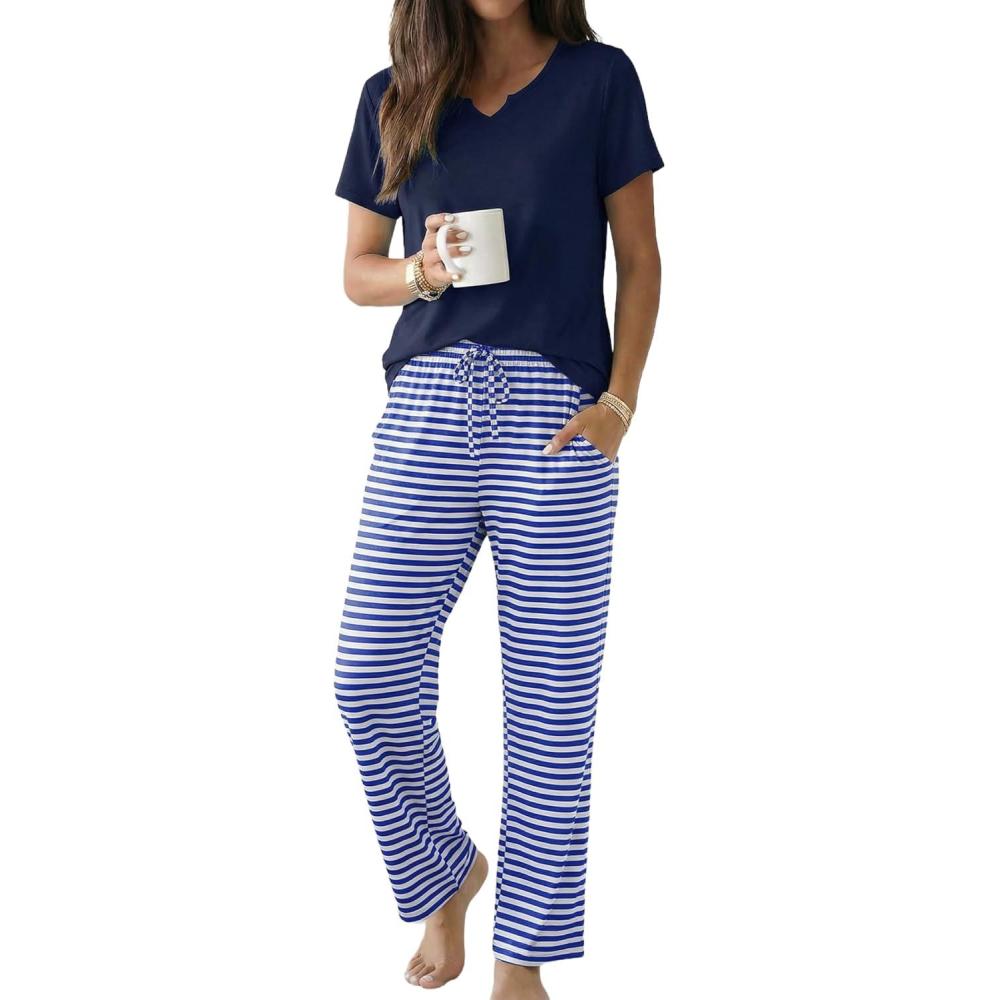 imageEkouaer 2 Piece Womens Pajamas V Neck Short Sleeve Top and Long Pants Pjs Print Lounge Set SleepwearBlue Stripe