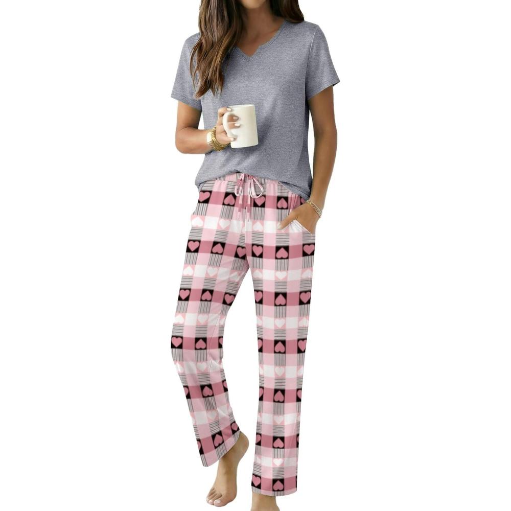 imageEkouaer 2 Piece Womens Pajamas V Neck Short Sleeve Top and Long Pants Pjs Print Lounge Set SleepwearHeart Plaid