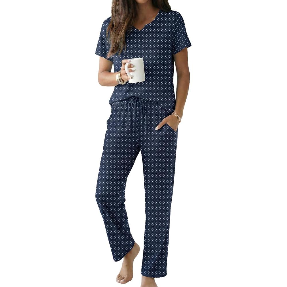 imageEkouaer 2 Piece Womens Pajamas V Neck Short Sleeve Top and Long Pants Pjs Print Lounge Set SleepwearNavy Polka Dot