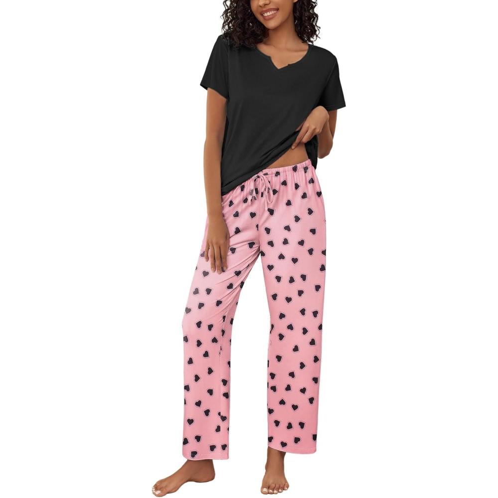 imageEkouaer 2 Piece Womens Pajamas V Neck Short Sleeve Top and Long Pants Pjs Print Lounge Set SleepwearPink Heart