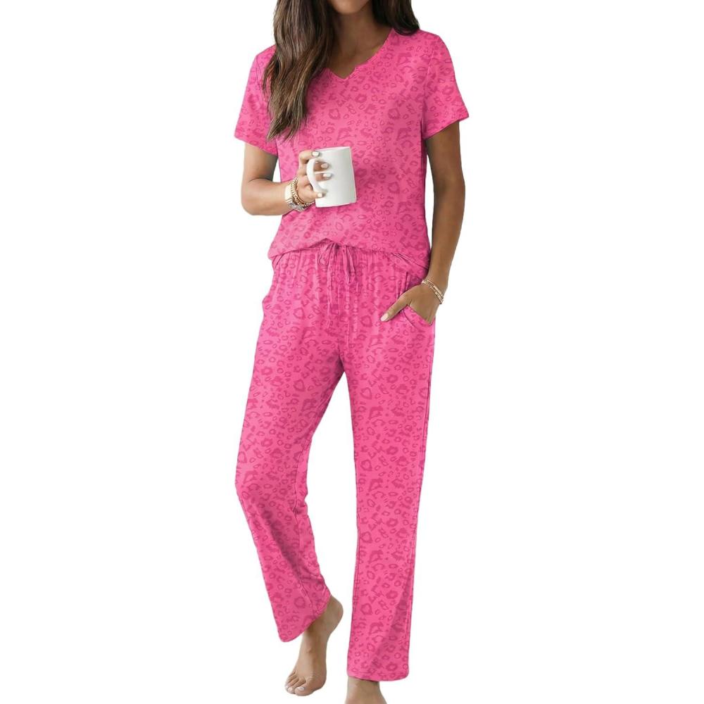 imageEkouaer 2 Piece Womens Pajamas V Neck Short Sleeve Top and Long Pants Pjs Print Lounge Set SleepwearPink Leopard