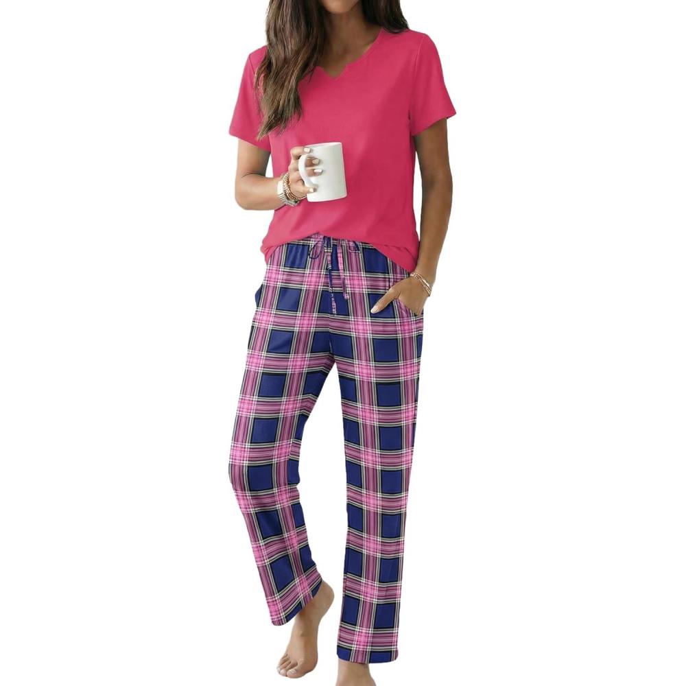 imageEkouaer 2 Piece Womens Pajamas V Neck Short Sleeve Top and Long Pants Pjs Print Lounge Set SleepwearPink Plaid