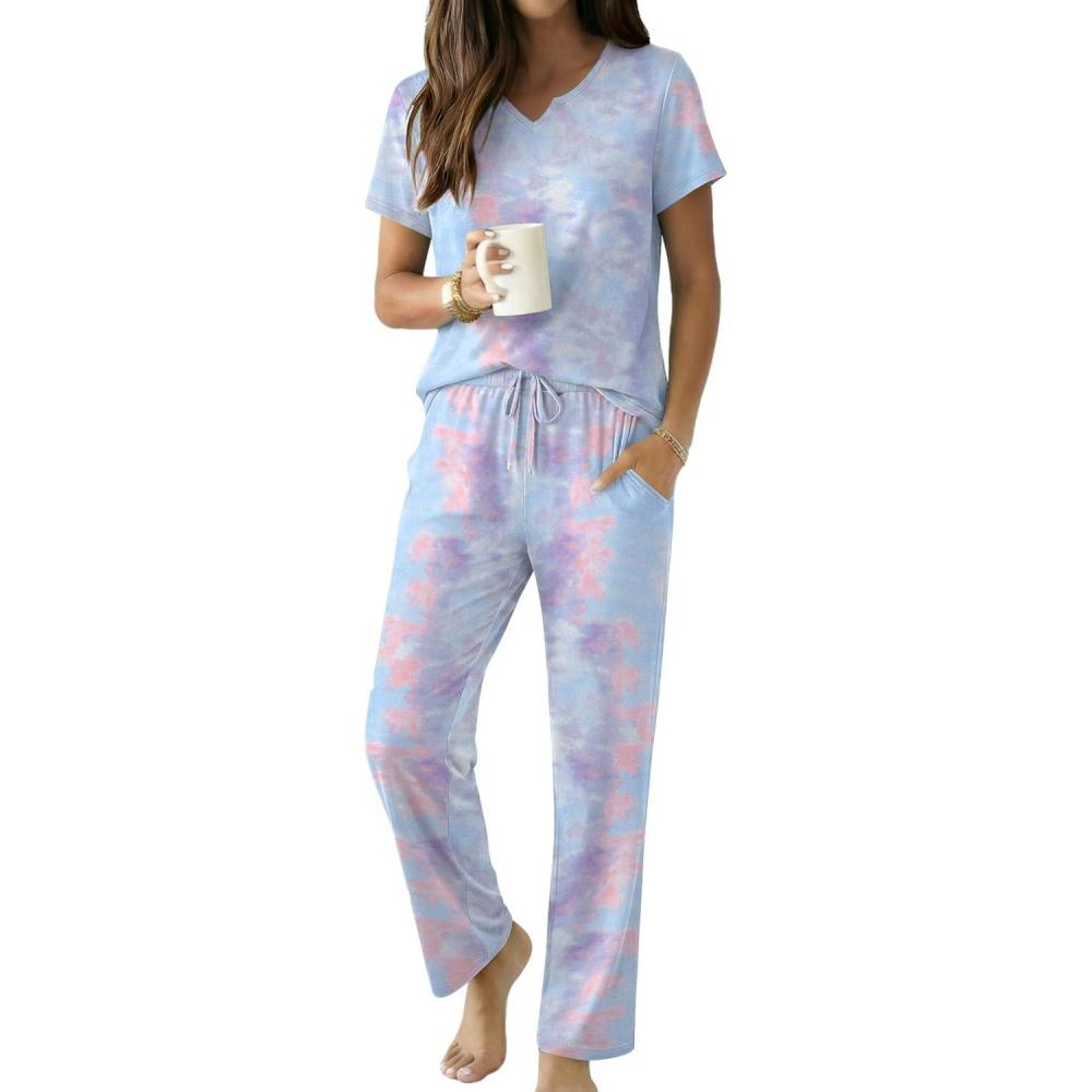imageEkouaer 2 Piece Womens Pajamas V Neck Short Sleeve Top and Long Pants Pjs Print Lounge Set SleepwearPink and Purple Tiedye