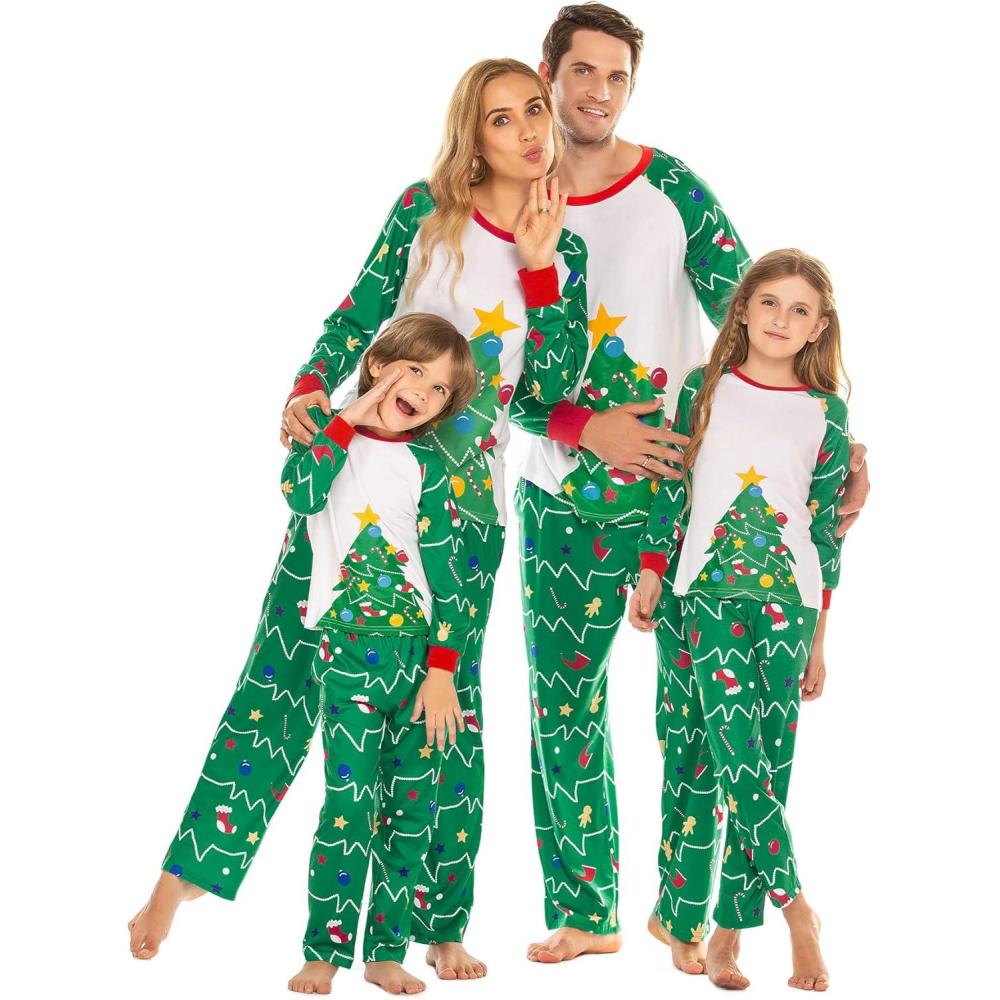 imageEkouaer Christmas Pajamas for Family 2024 Matching Sets Xmas Long Sleeve Pj 2 Piece Set Green Sleepwear Men with Pocket Medium