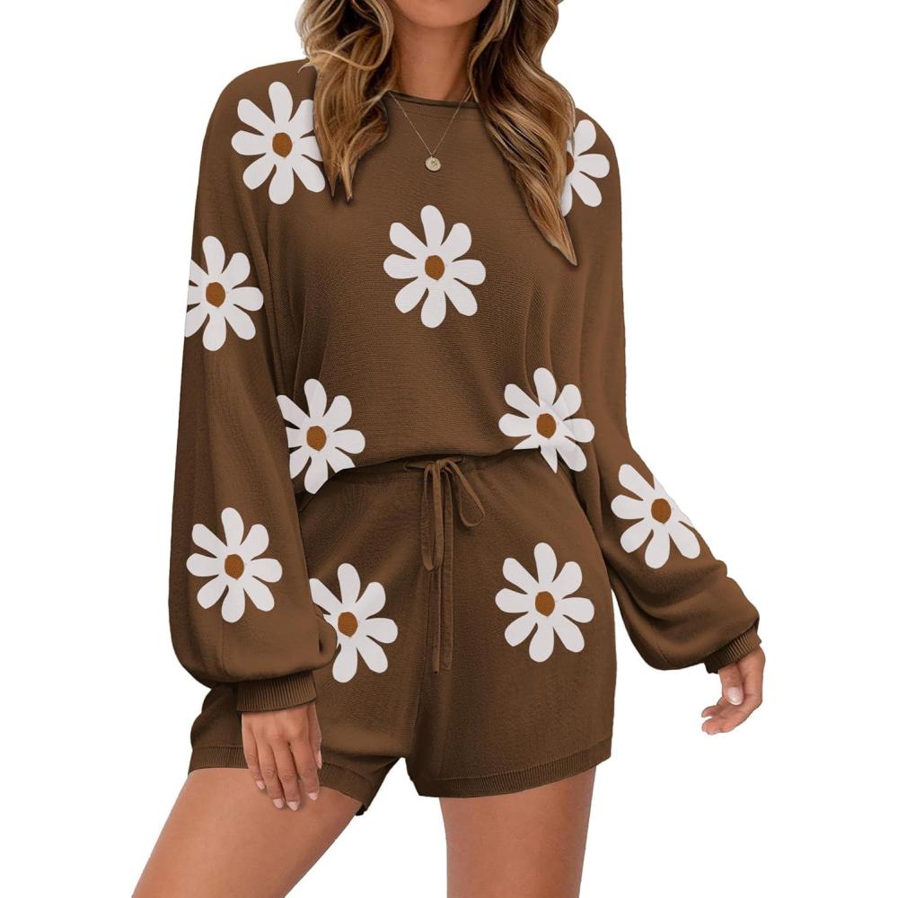 imageEkouaer Knit Pajamas Set for Women Lounge Wear Sets Long Sleeve Sweatsuit Matching 2 Piece Outfits Casual Sweater Sets SXXLFloral Brown