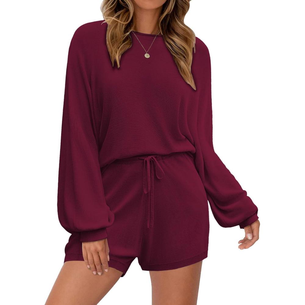 imageEkouaer Knit Pajamas Set for Women Lounge Wear Sets Long Sleeve Sweatsuit Matching 2 Piece Outfits Casual Sweater Sets SXXLWine Red