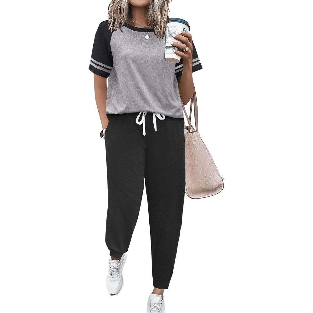 imageEkouaer Lounge Sets for Women Two Piece Pajama Set Short Sleeve Crewneck Jogger Outfits and Sweatpants TracksuitLight Grey