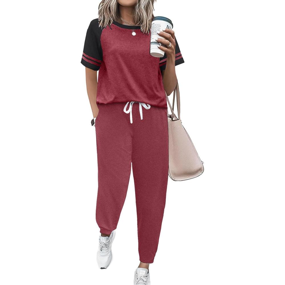 imageEkouaer Lounge Sets for Women Two Piece Pajama Set Short Sleeve Crewneck Jogger Outfits and Sweatpants TracksuitWine Red
