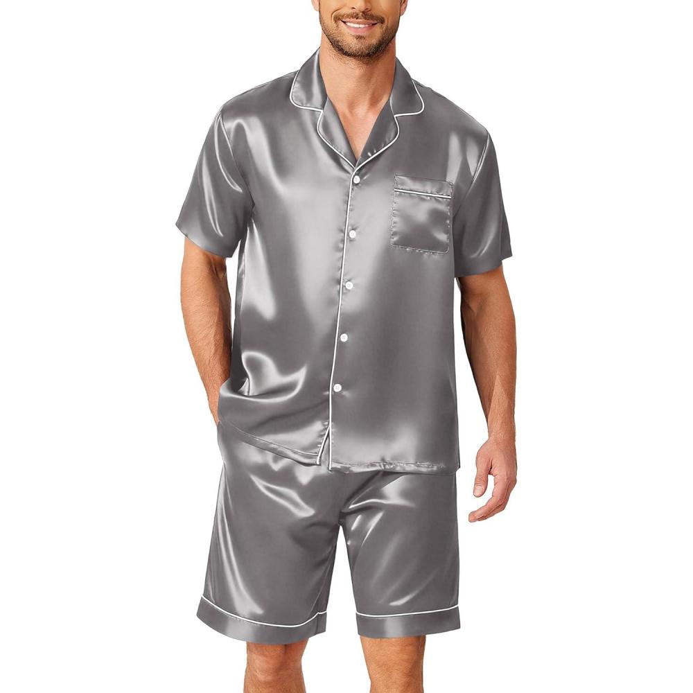 imageEkouaer Mens Pajamas Set Silk Satin Sleepwear Short Sleeve Button Down Pjs Set 2 Piece Loungewear with Pockets SXXLDark Grey