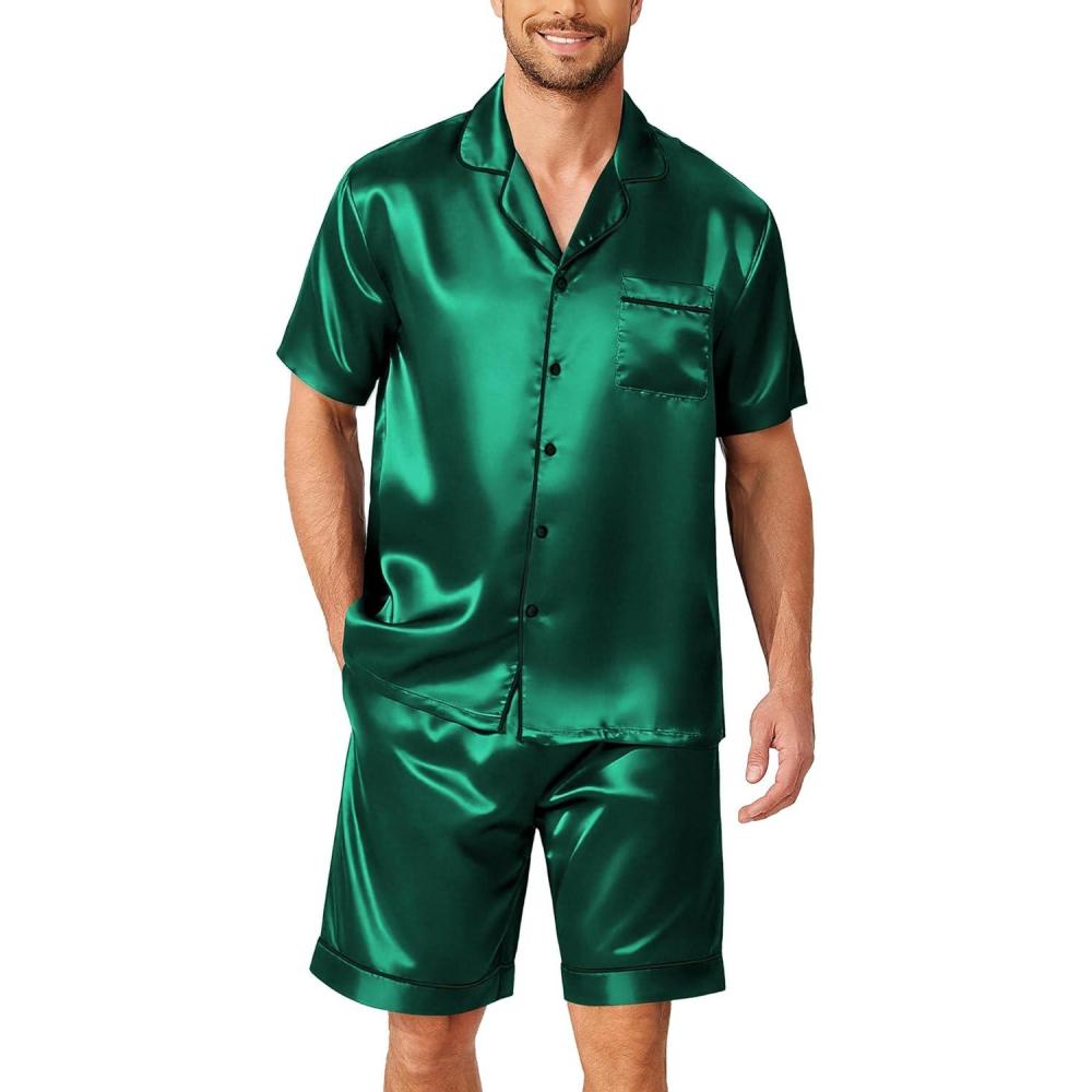 imageEkouaer Mens Pajamas Set Silk Satin Sleepwear Short Sleeve Button Down Pjs Set 2 Piece Loungewear with Pockets SXXLGreen