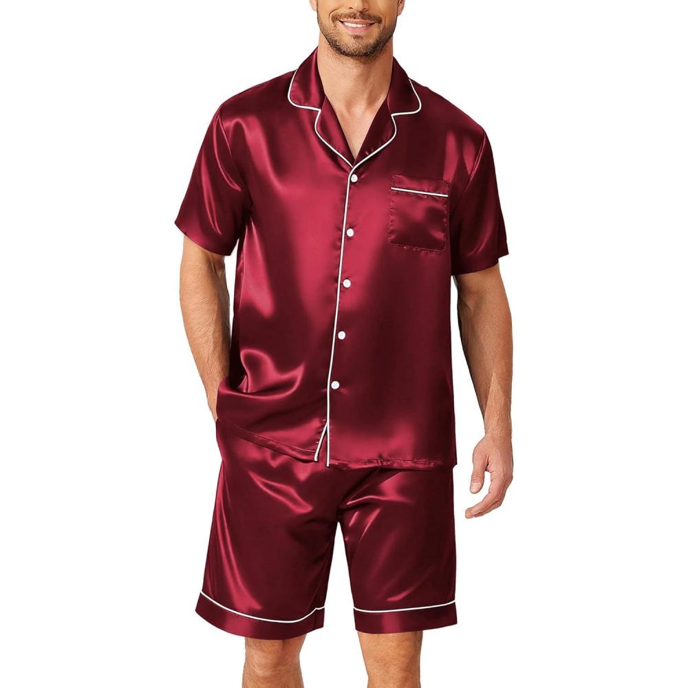 imageEkouaer Mens Pajamas Set Silk Satin Sleepwear Short Sleeve Button Down Pjs Set 2 Piece Loungewear with Pockets SXXLWine
