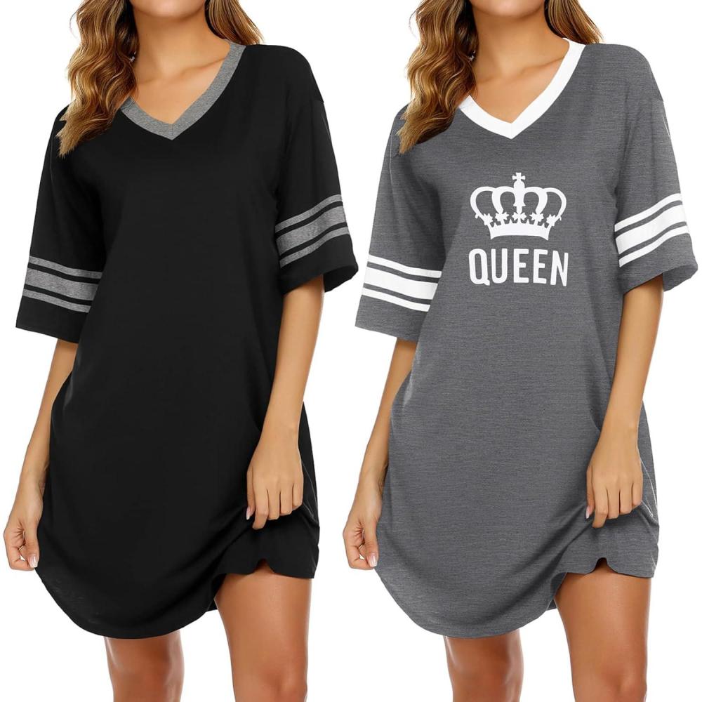 imageEkouaer Nightgowns for Women 2 Pack Sleepshirts Short Sleeve Nightshirt V Neck Sleepwear Casual Pajama DressBlackGueen Grey