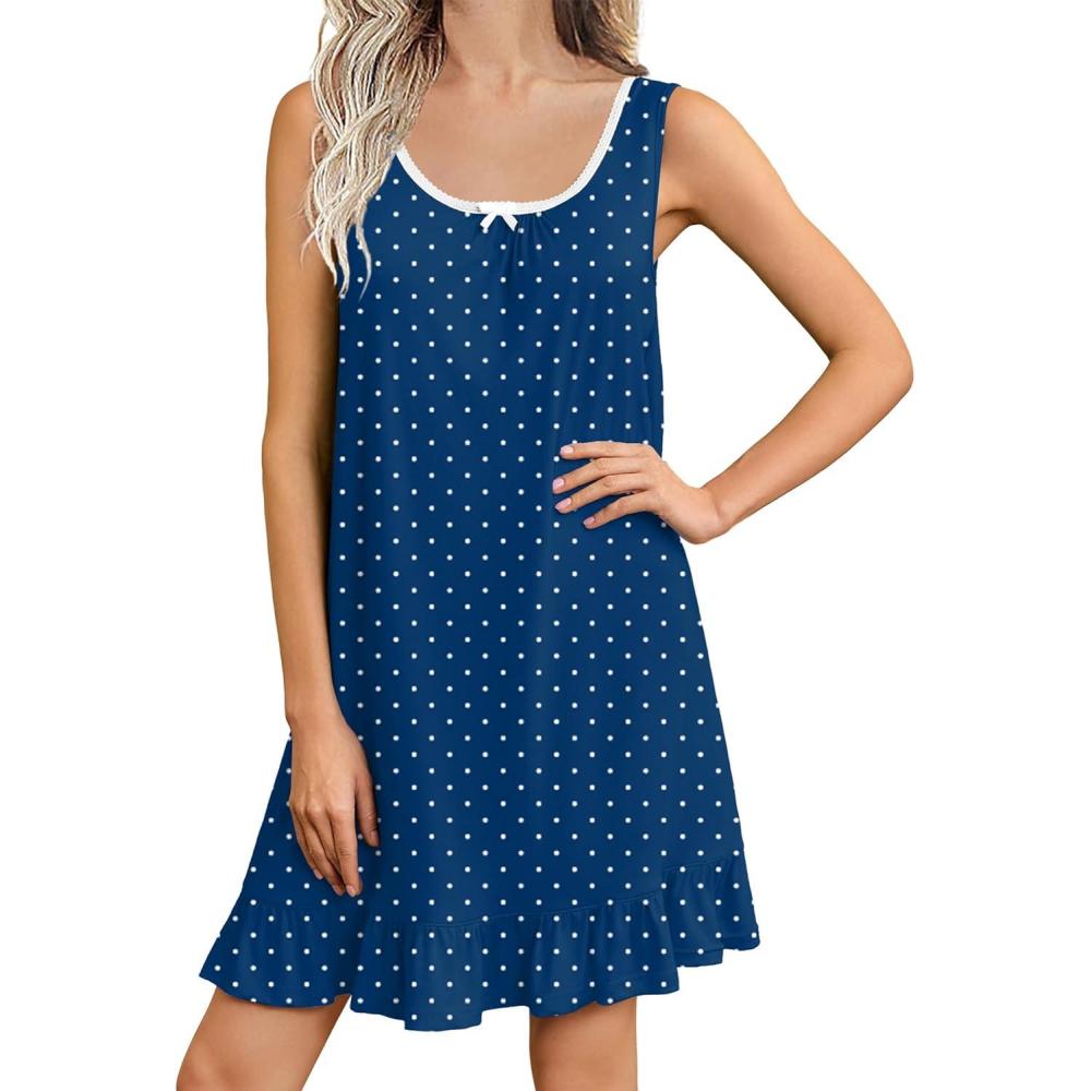 imageEkouaer Nightgowns for Women Sleeveless Nightdress Cute Night Gowns Short Sleepshirt Soft Sleepwear Pajama Dress SXXXLNavy White Dots