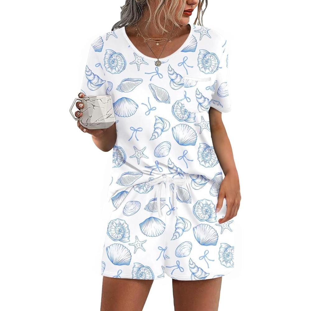 imageEkouaer Pajama Set for Women 2 Piece Lounge Set Short Sleeve Tops and Shorts Soft Sleepwear Chest PocketWhiteconch Bow