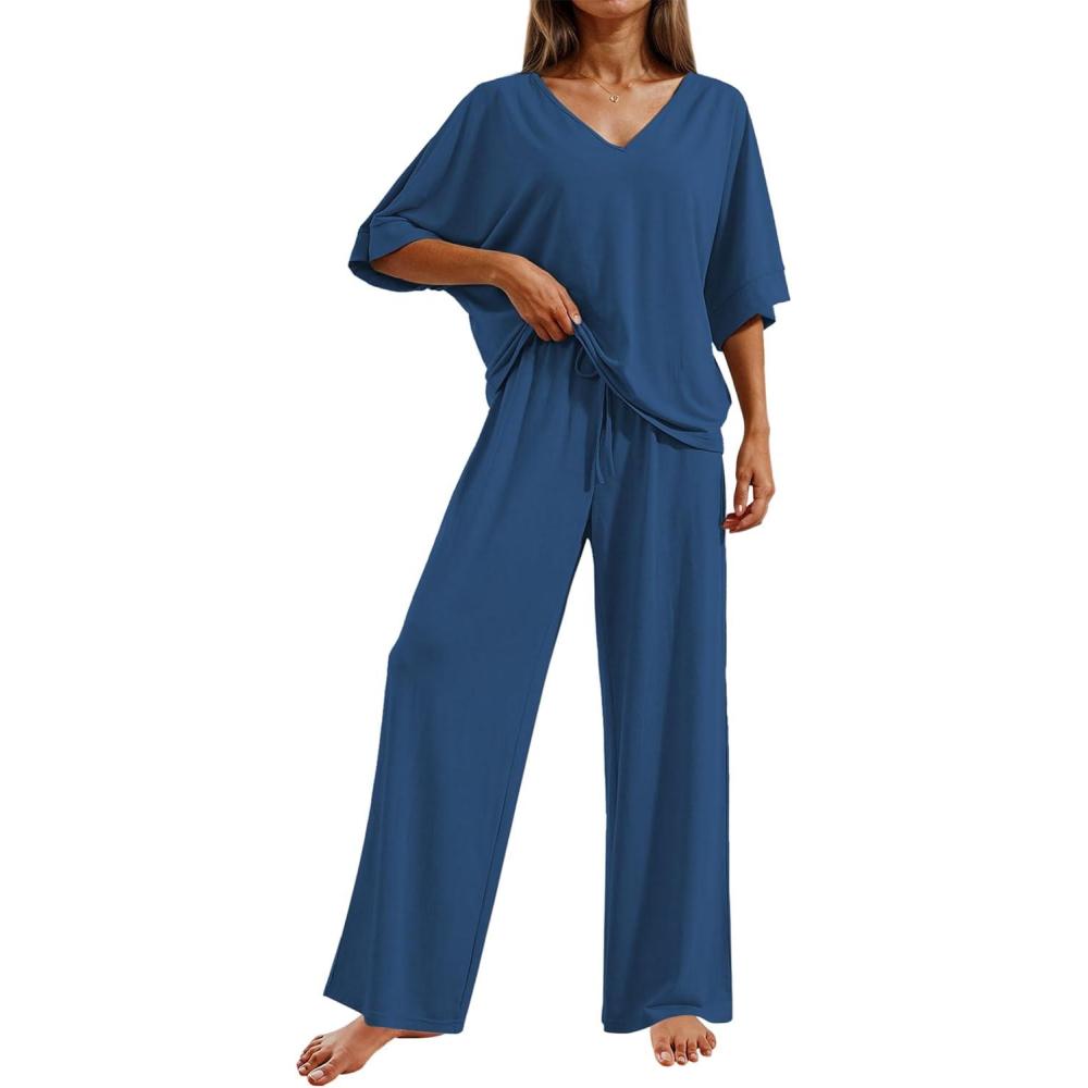 imageEkouaer Pajama Sets for Women 2 Piece Lounge Set Short Sleeve Tops and Long Pants Soft Comfy Pjs Sleepwear Outfits SXXLDark Blue