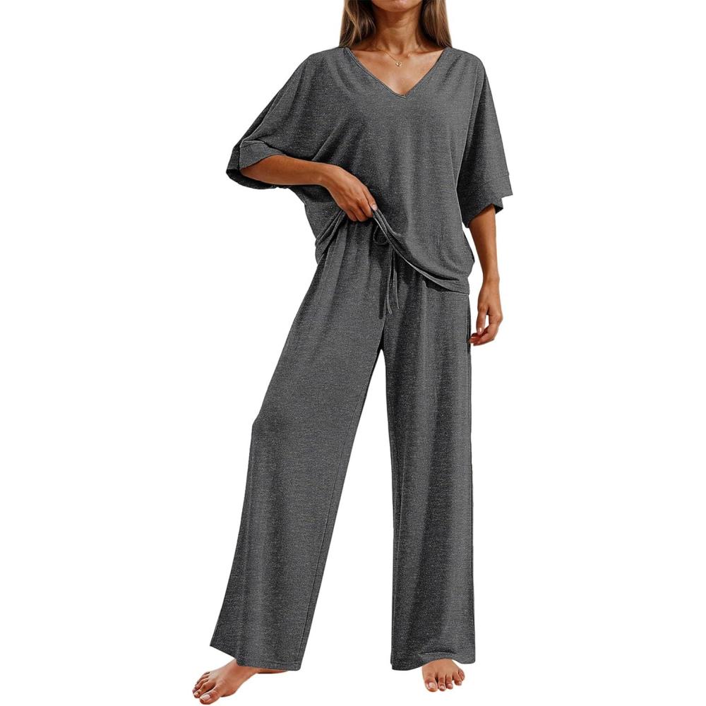 imageEkouaer Pajama Sets for Women 2 Piece Lounge Set Short Sleeve Tops and Long Pants Soft Comfy Pjs Sleepwear Outfits SXXLDark Grey