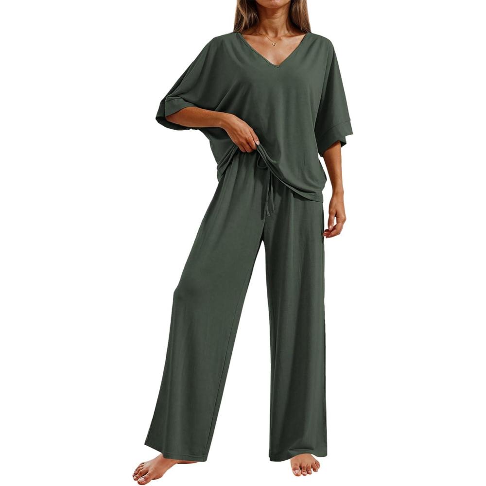 imageEkouaer Pajama Sets for Women 2 Piece Lounge Set Short Sleeve Tops and Long Pants Soft Comfy Pjs Sleepwear Outfits SXXLDeep Army Green
