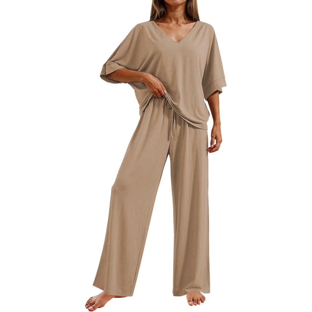 imageEkouaer Pajama Sets for Women 2 Piece Lounge Set Short Sleeve Tops and Long Pants Soft Comfy Pjs Sleepwear Outfits SXXLKhaki