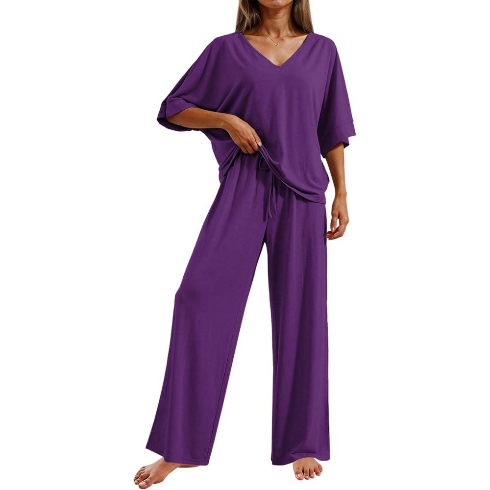 imageEkouaer Pajama Sets for Women 2 Piece Lounge Set Short Sleeve Tops and Long Pants Soft Comfy Pjs Sleepwear Outfits SXXLPurple