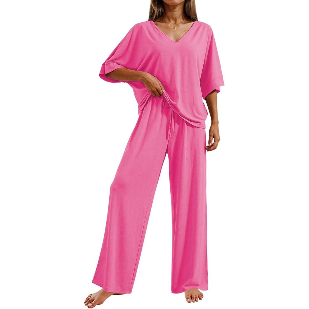 imageEkouaer Pajama Sets for Women 2 Piece Lounge Set Short Sleeve Tops and Long Pants Soft Comfy Pjs Sleepwear Outfits SXXLRose Pink