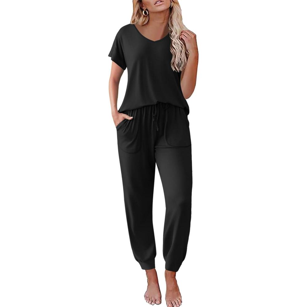 imageEkouaer Pajama Sets for Women 2 Piece Lounge Sets Short Sleeve Pullover Top and Jogger Pants Pjs Sleepwear Tracksuit SXXLBlack