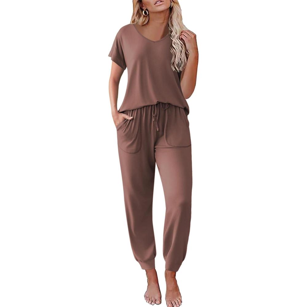 imageEkouaer Pajama Sets for Women 2 Piece Lounge Sets Short Sleeve Pullover Top and Jogger Pants Pjs Sleepwear Tracksuit SXXLBrown