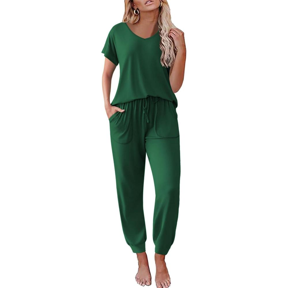 imageEkouaer Pajama Sets for Women 2 Piece Lounge Sets Short Sleeve Pullover Top and Jogger Pants Pjs Sleepwear Tracksuit SXXLDark Green