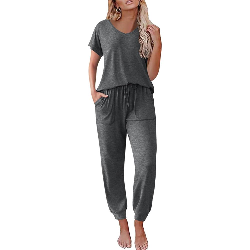 imageEkouaer Pajama Sets for Women 2 Piece Lounge Sets Short Sleeve Pullover Top and Jogger Pants Pjs Sleepwear Tracksuit SXXLDark Grey