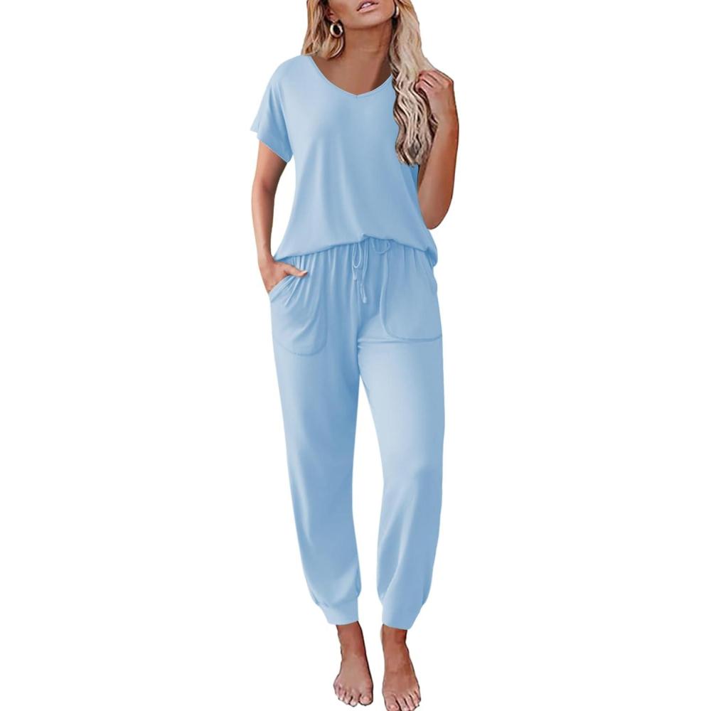 imageEkouaer Pajama Sets for Women 2 Piece Lounge Sets Short Sleeve Pullover Top and Jogger Pants Pjs Sleepwear Tracksuit SXXLLight Blue