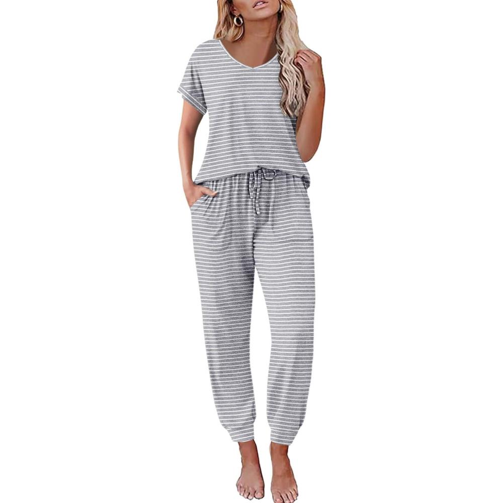 imageEkouaer Pajama Sets for Women 2 Piece Lounge Sets Short Sleeve Pullover Top and Jogger Pants Pjs Sleepwear Tracksuit SXXLLight Grey Striped
