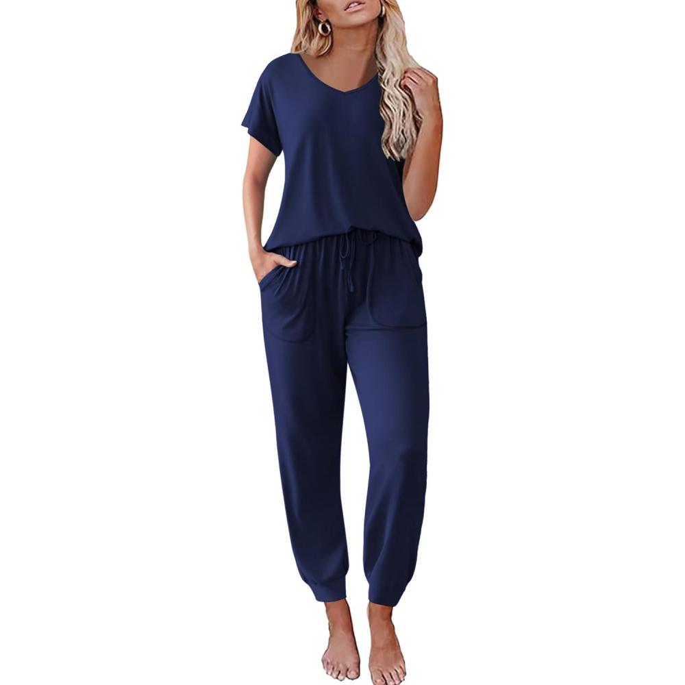 imageEkouaer Pajama Sets for Women 2 Piece Lounge Sets Short Sleeve Pullover Top and Jogger Pants Pjs Sleepwear Tracksuit SXXLNavy