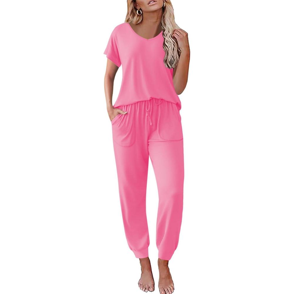 imageEkouaer Pajama Sets for Women 2 Piece Lounge Sets Short Sleeve Pullover Top and Jogger Pants Pjs Sleepwear Tracksuit SXXLRose