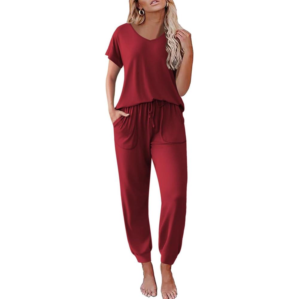 imageEkouaer Pajama Sets for Women 2 Piece Lounge Sets Short Sleeve Pullover Top and Jogger Pants Pjs Sleepwear Tracksuit SXXLWine