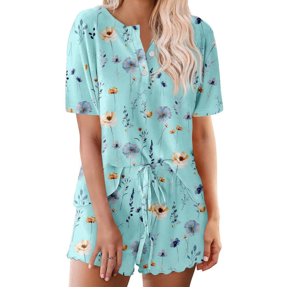 imageEkouaer Pajamas Set for Women Short Sleeve Lounge Set 2 Piece Loungewear PJs Soft Cute Lightweight SleepwearBlue Flower