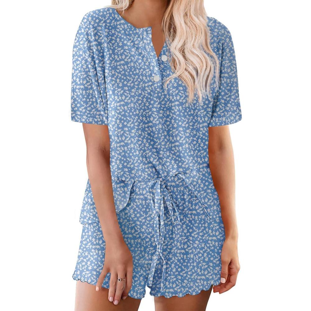 imageEkouaer Pajamas Set for Women Short Sleeve Lounge Set 2 Piece Loungewear PJs Soft Cute Lightweight SleepwearClear Blue Floral