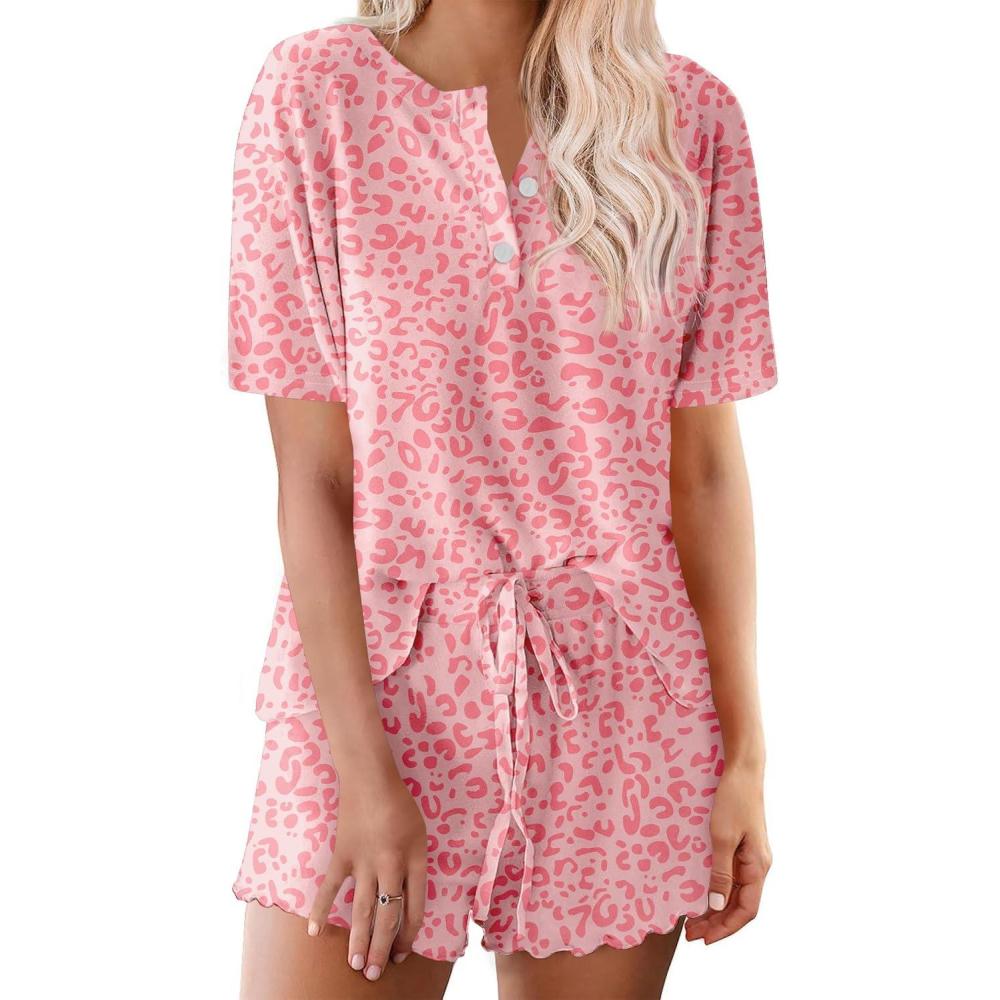imageEkouaer Pajamas Set for Women Short Sleeve Lounge Set 2 Piece Loungewear PJs Soft Cute Lightweight SleepwearPink Heart Leopard