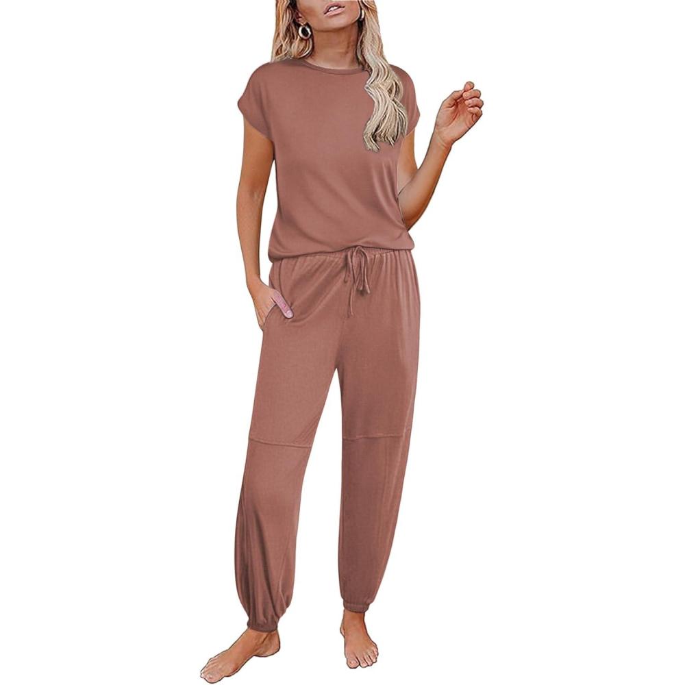 imageEkouaer Pajamas for women 2 Piece Lounge Set Cap Sleeve Sleepwear Joggers Pants Pjs with Pockets SXXLBrown