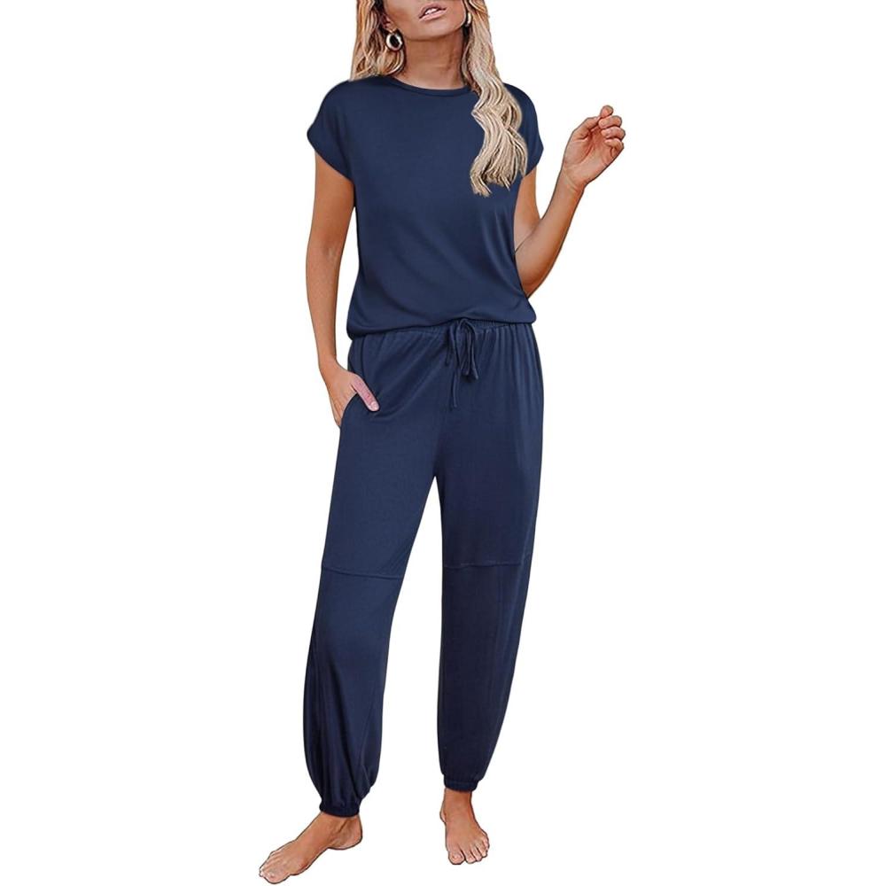 imageEkouaer Pajamas for women 2 Piece Lounge Set Cap Sleeve Sleepwear Joggers Pants Pjs with Pockets SXXLNavy